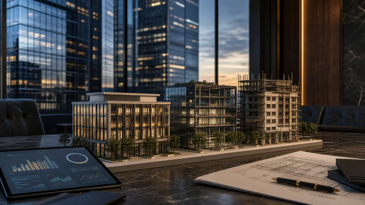 Immeuble de bureaux contemporain en verre au coucher du soleil